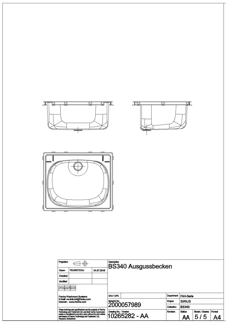 Einlege-Mehrzweckbecken, SIRIUS, Edelstahl, 560x230x470 mm, Ablauf mittig, BS340