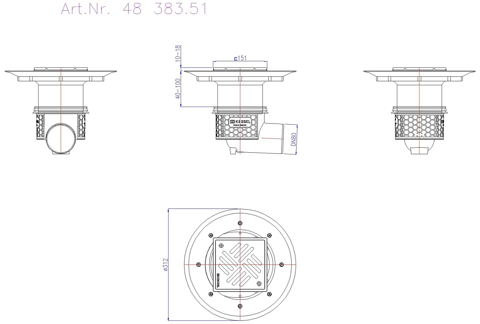 KESSEL-Boden-/Deckenablauf Ecoguss DN 80, seitl., Variofix, Schlitzrost