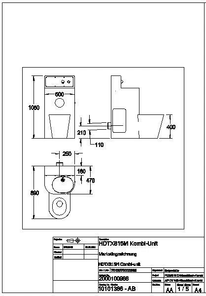 Sanitärkombination, HEAVY DUTY, Edst., W.Mont., SPK, hydr., WC mittig, HDTX815M