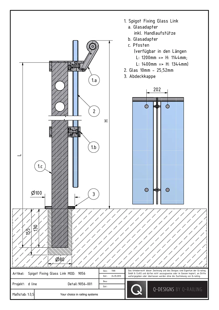 9056-001_d line_Spigot_Fixing_Glass_Link_top_mount_DE