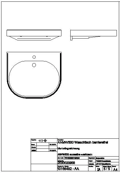 Waschtisch, VARIUScare, MIRANIT, 650x120x550 mm, barr-frei, Farbstreifen, ANMW500