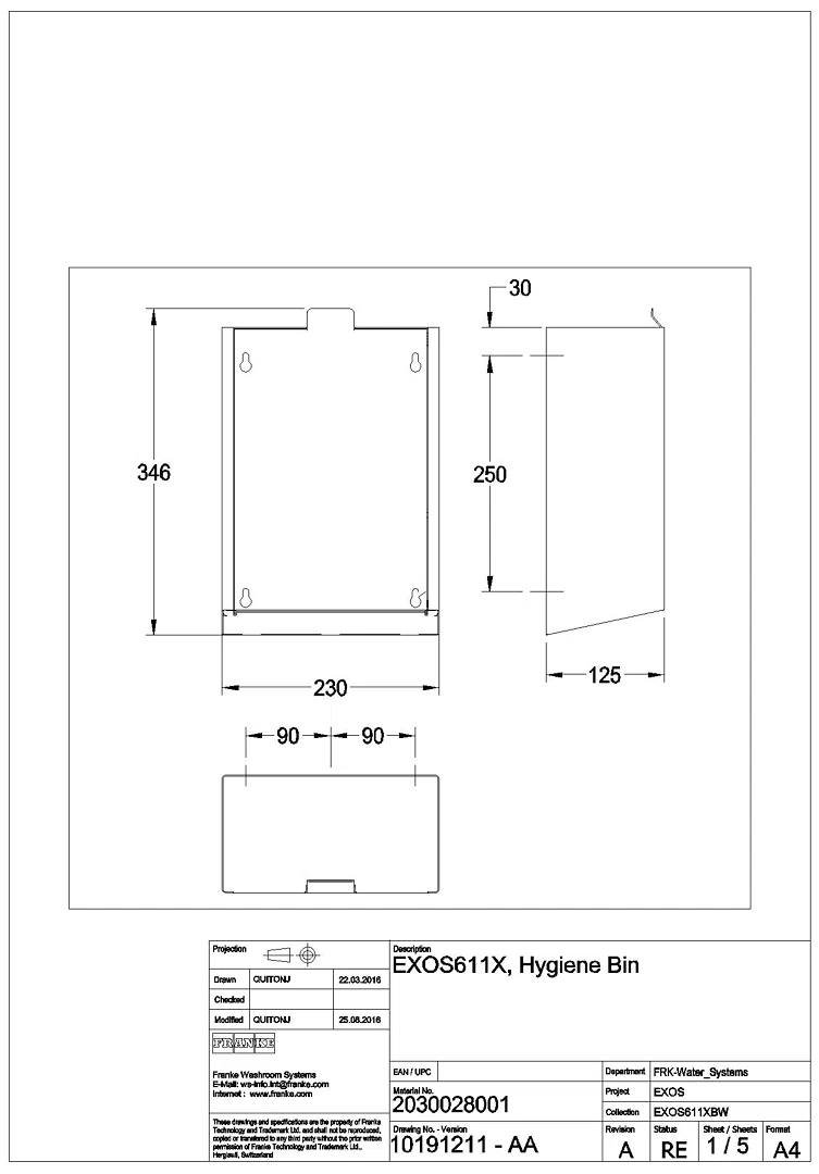 Hygieneabfallbehälter, EXOS, Edst., 230x346x125 mm, Aufputz, ca. 3,7l, EXOS611X