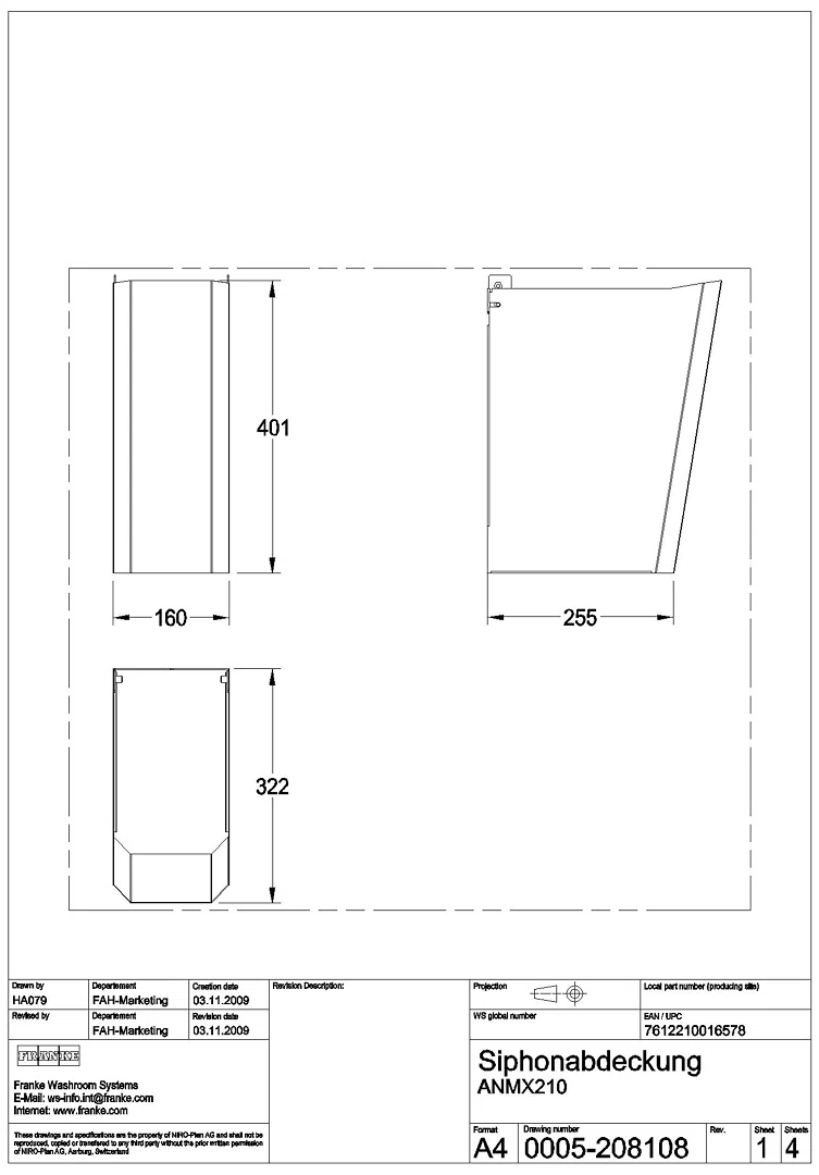 Siphonabdeckung, ANIMA, Edelstahl, 160x401x322 mm, ANMX210