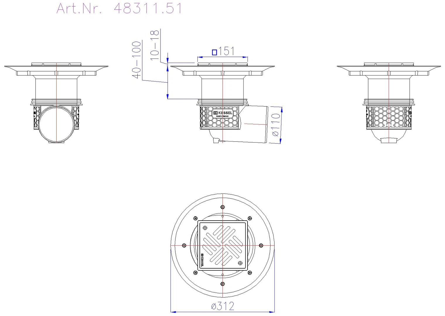KESSEL-Boden-/Deckenablauf Ecoguss DN 100, seitl., Variofix, Schlitzrost