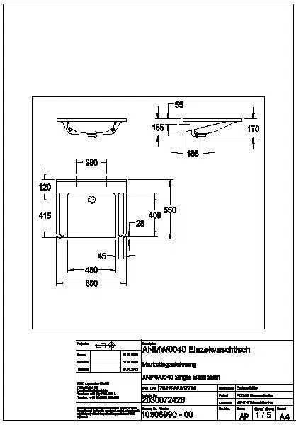 Einzelwaschtisch, MEDCARE, MIRANIT, 650x150x550 mm, weiß, Überlauf, Griff, ANMW0040