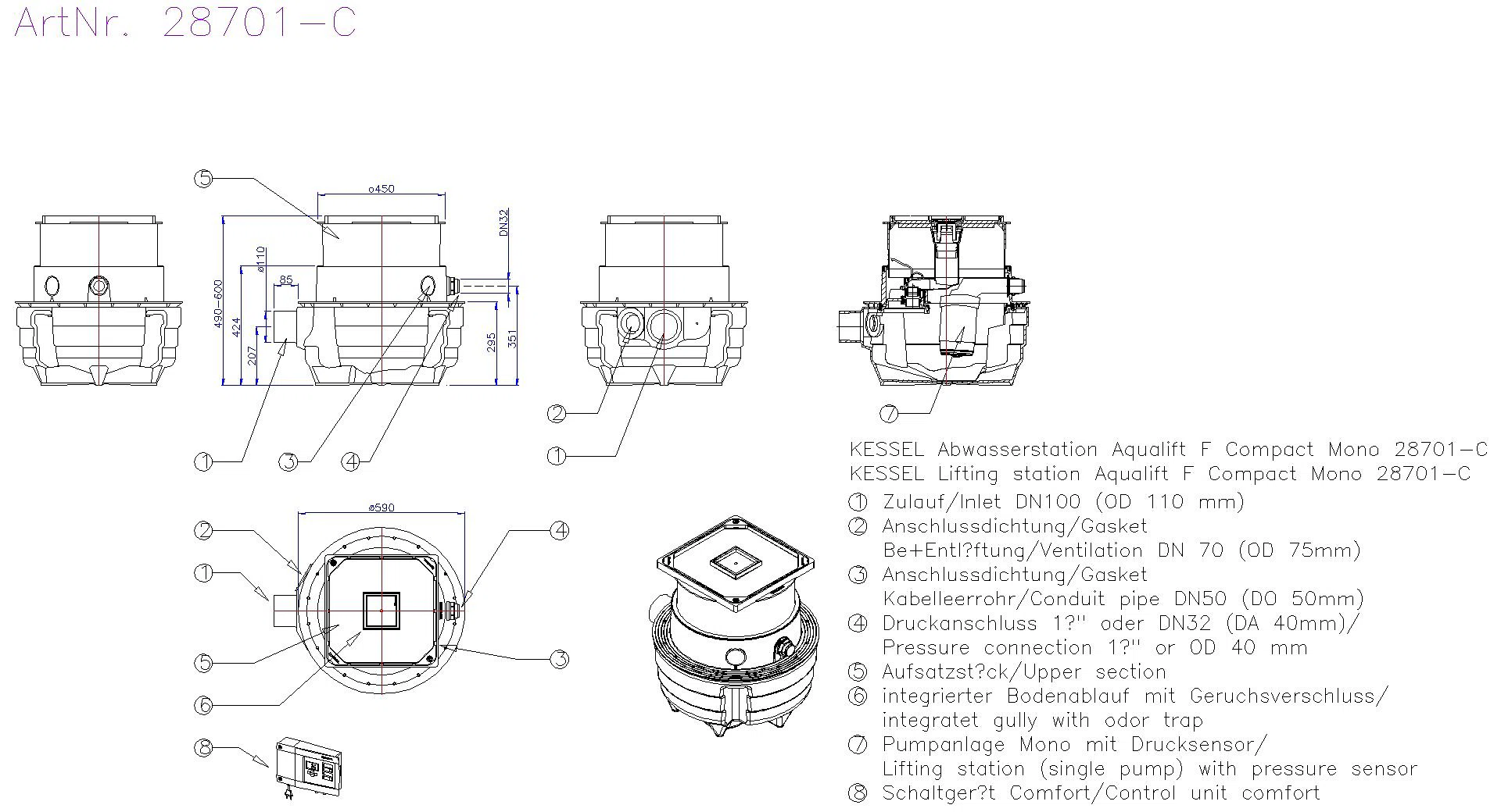 KESSEL-Hebeanlage Aqualift F Compact Mono, SPZ 1000-S3, Bodenpl., befliesbar