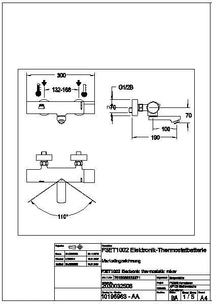 Wandbatterie, F3, elek., Thermostat, Schwenkauslauf, 190 mm, 6l, Batterie, F3ET1002