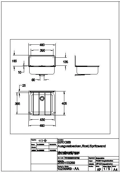 Ausgussbecken, SIRIUS, Edelstahl, 460x320x405 mm, Klapprost und Spritzwand, SIRX368