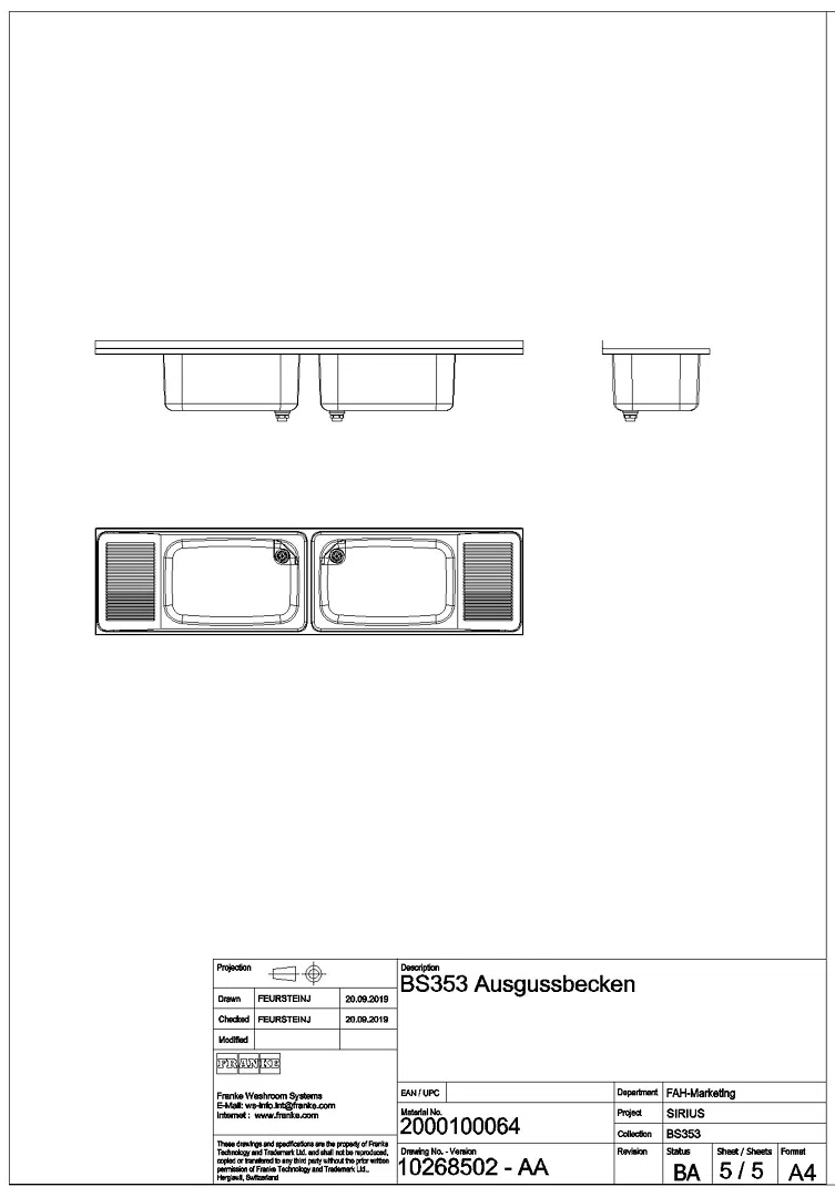Mehrzweckbecken, SIRIUS, Edelstahl, 2200x357x550 mm, 2 Becken, Tropft. re/li, BS353