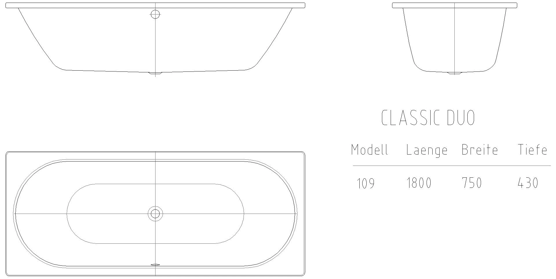 KALDEWEI CLASSIC DUO Badewanne, 1800x750 mm, Modell-Nr: 109