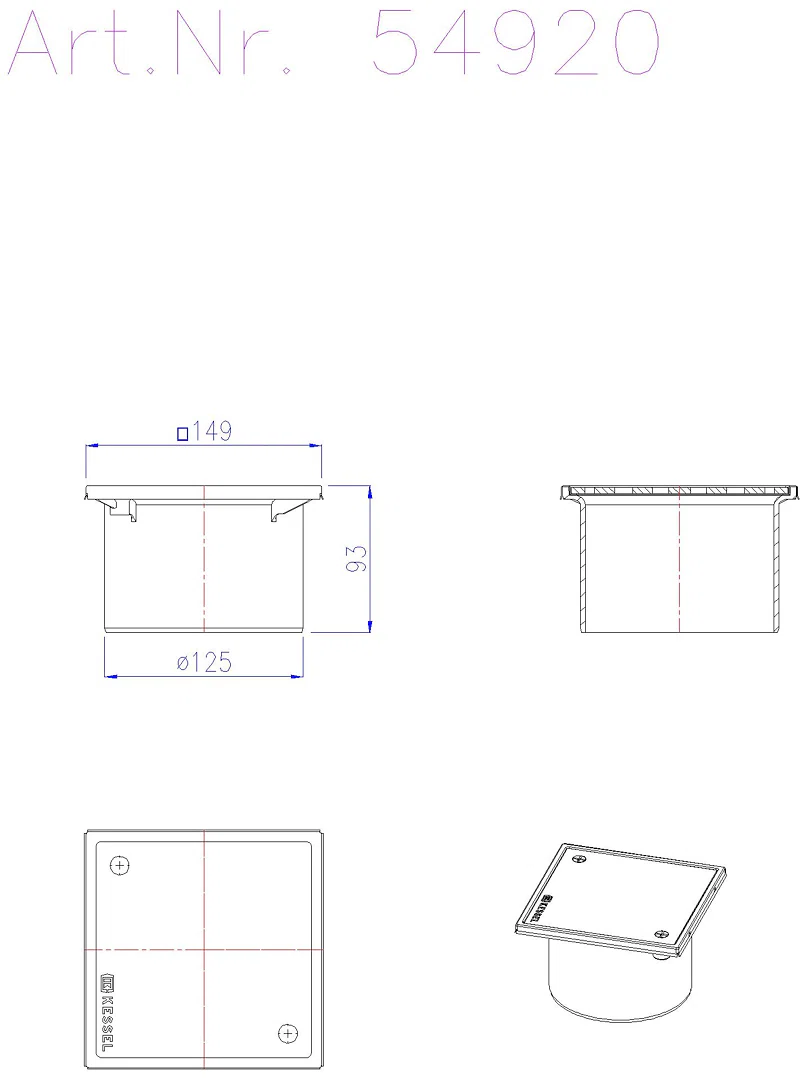 KESSEL-Aufsatzstück System 125 150x150,aus ABS,Abdeckung u. Rahmen V2A