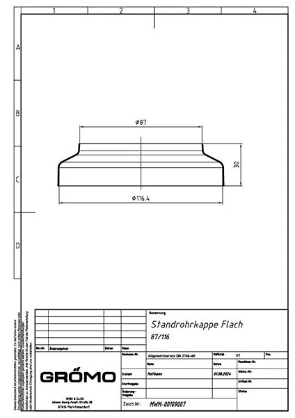 Zink Standrohrkappe ø87/116 flach, #Art.Nr. 62703