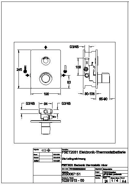 Duscharmatur, F5, elek., Thermostat, UP, F-Set, 2xBypass, f. Batt./Netzteil, F5ET2031