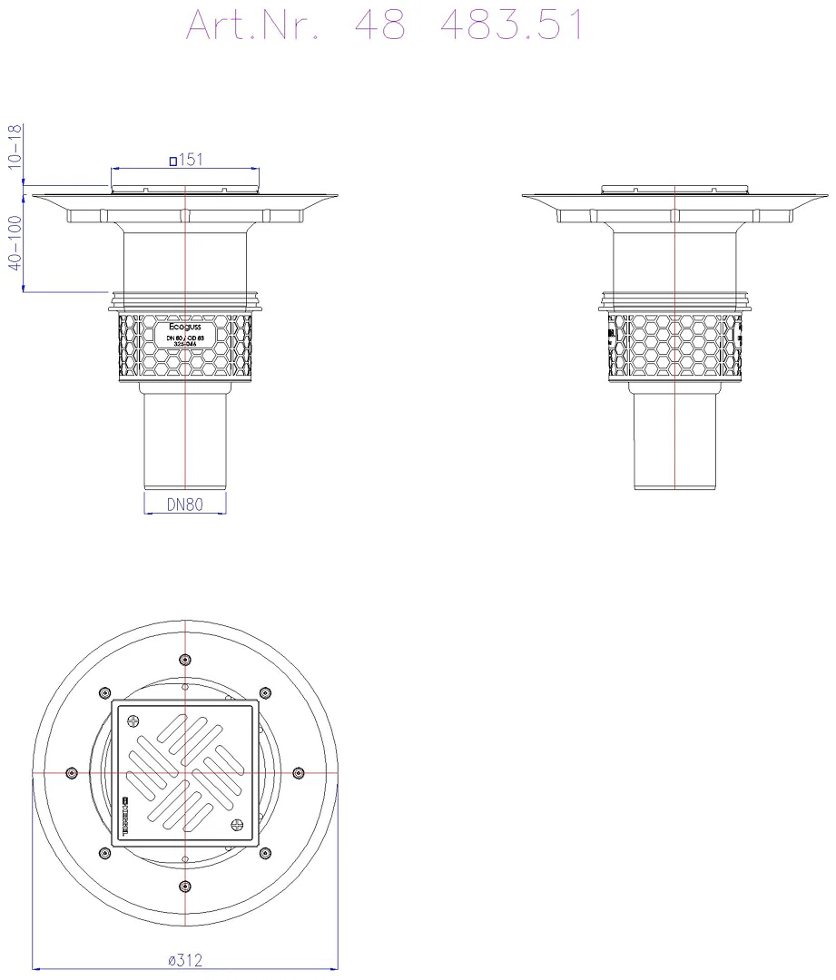 KESSEL-Boden-/Deckenablauf Ecoguss DN 80, senkr., Variofix, Schlitzrost