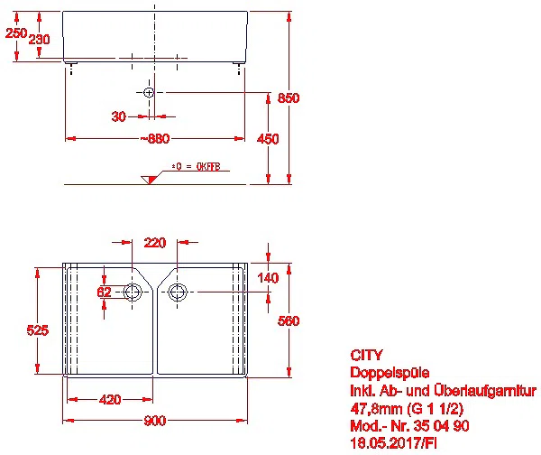 Publica Mehrzweckbecken mit 2 Becken 90x25x56cm, mit Überlauf, weiß_kgv_city_350490