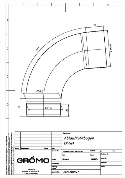 GRÖMO ALUSTAR Rohrbogen - SX - Hellgrau 85° ø60, #Art.Nr. 82563