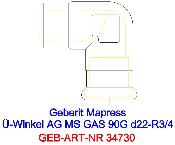 GE Mapress Kupfer Übergangswinkel 90Gr mit AG (Gas) Ms Gas d22-R3/4_34730_A