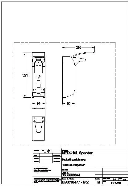 Spender, MEDCARE, Edelstahl, AP, 94x321x230 mm, f. 1000ml, Hebel 230 mm, MEDC10L