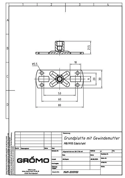 Edelstahl Grundplatte 80 x 30 x 3mm SW 13 mit Gewindemutter M8/M10, #Art.Nr. 54219