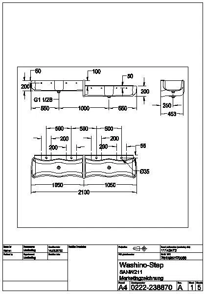 Waschrinne, WASHINO, MIRANIT, 2100x340x470 mm, 4 Waschpläze,TW, li ob., SANW211
