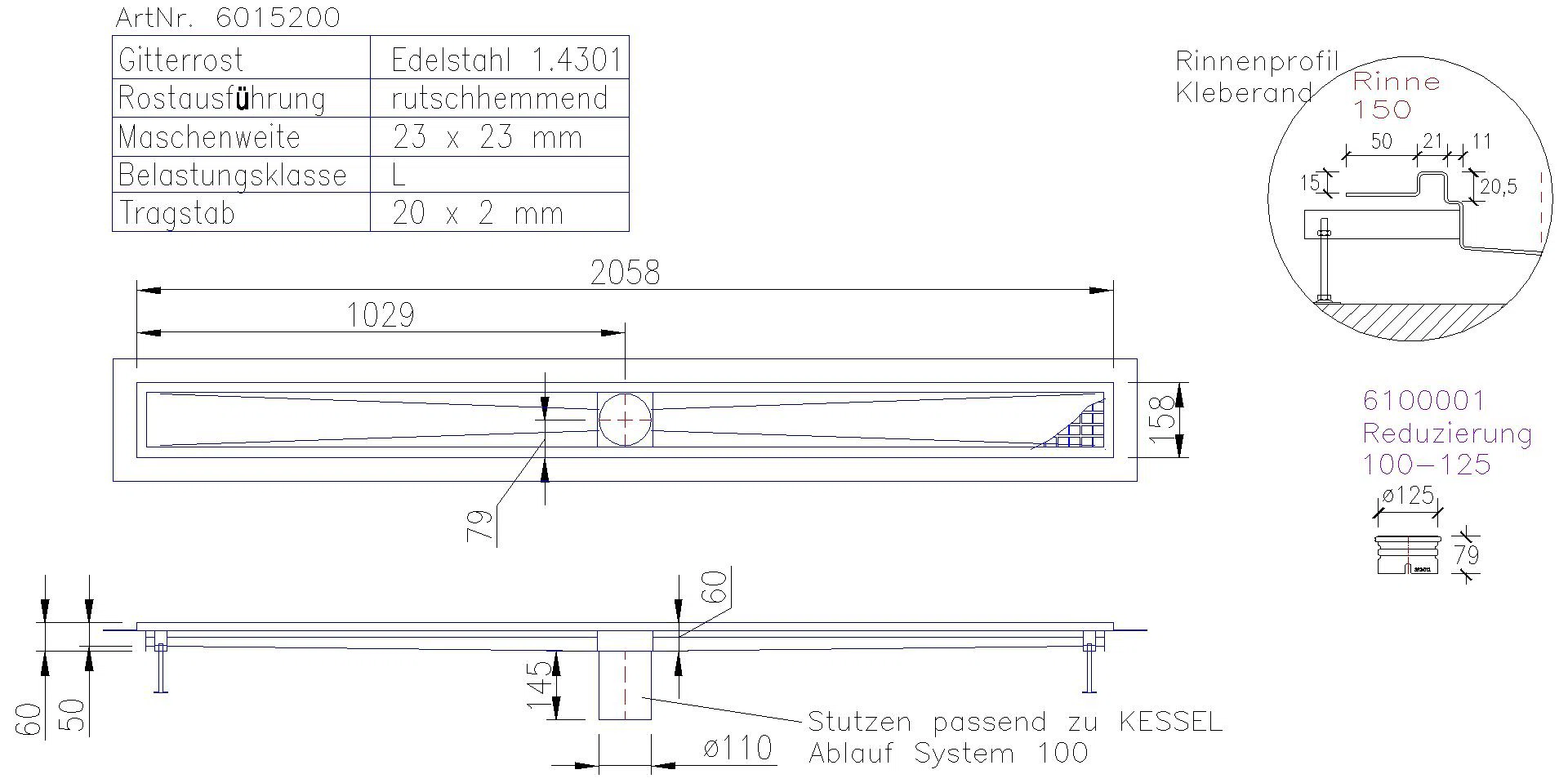 KESSEL-Kastenrinne Ferrofix Klebeflansch H: 15 mm, 153 x 2011 mm