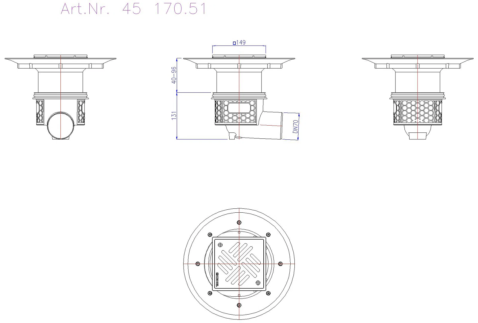 KESSEL-Boden-/Deckenablauf Practicus DN 70, seitl., Variofix, Schlitzrost