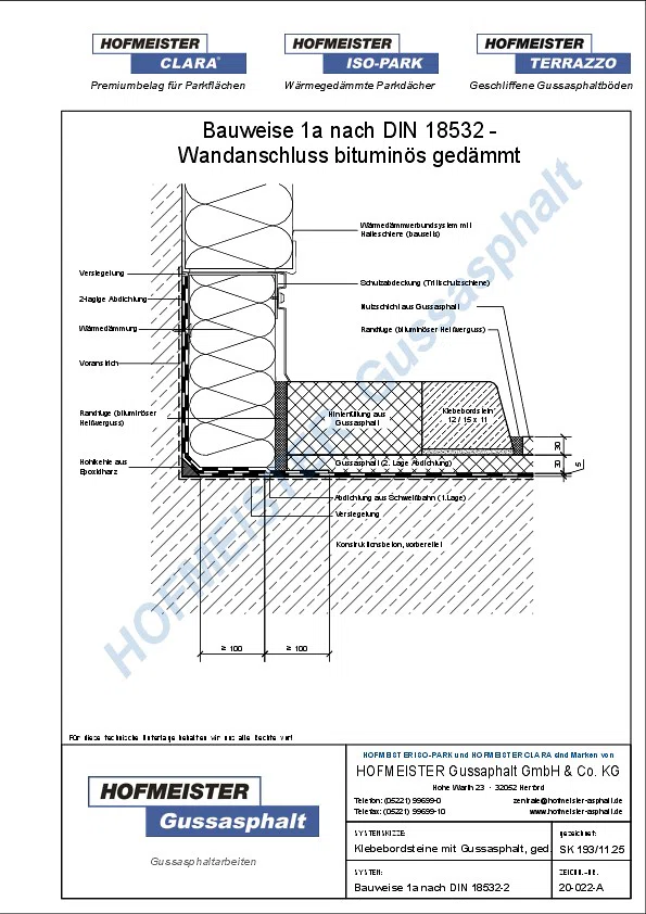 Gussasphalt Wandanschlussdetail - bituminös gedämmt, Klebebordsteine mit Gussasphalt