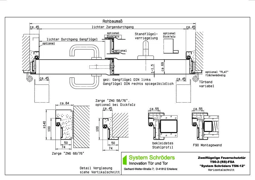 Feuerschutzstahltür -tor T 90-2 zweiflügelig System Schröders TSN-12