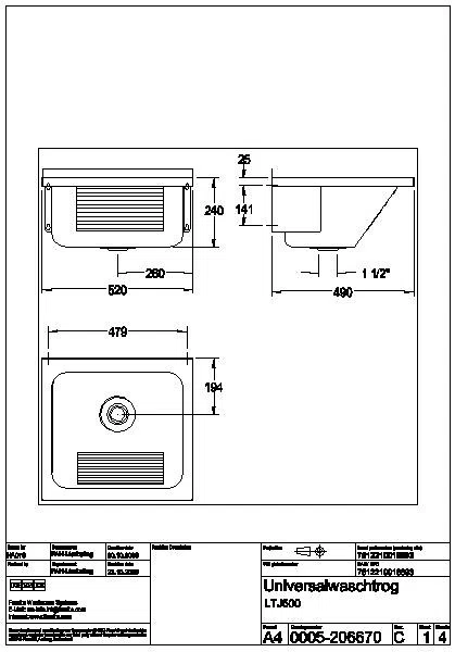 Waschtrog, SIRIUS, Edelstahl, 520x270x490 mm, Ablauf mittig, LTJ500
