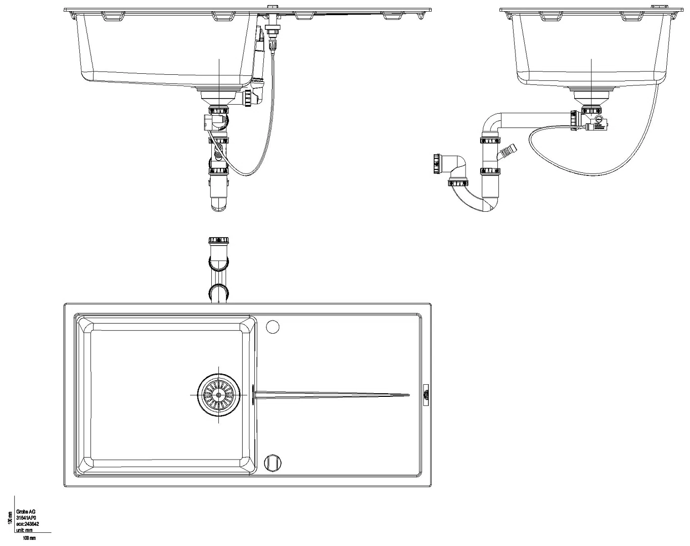 GROHE Kompositspüle K400 31641 1 Becken 1000x500mm mit ATF re/li granit schwarz