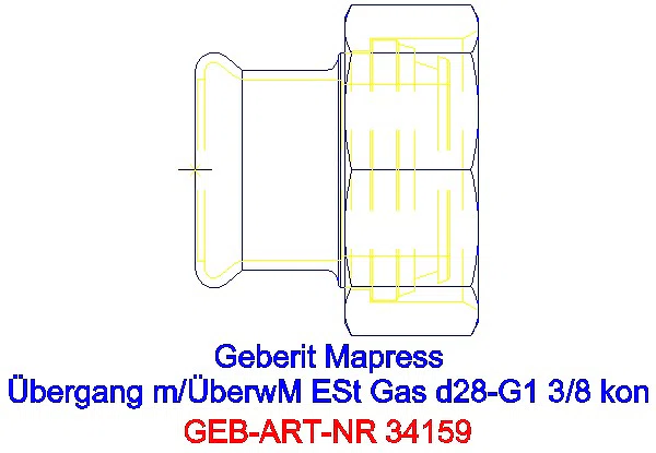 GE Mapress Edelstahl Übergang mit Überwurfmutter (Gas) d28-G1 3/8_34159_A