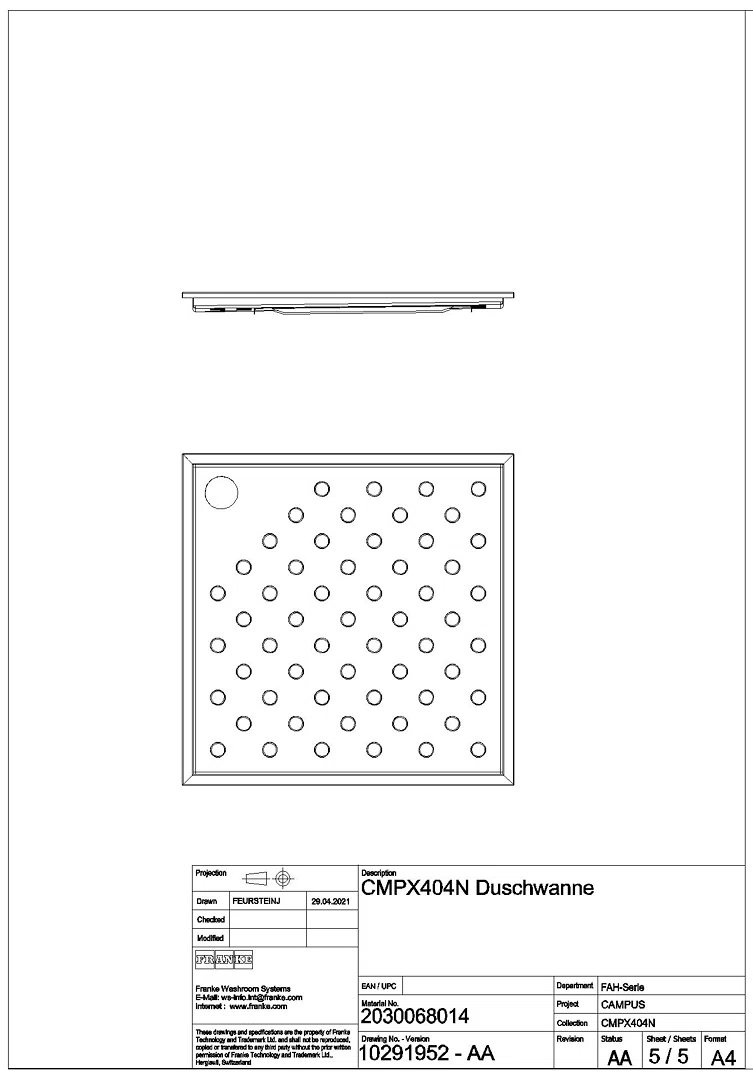 Duschwanne, CAMPUS, Edelstahl, 900x59x900 mm, Bodenmontage, CMPX404N