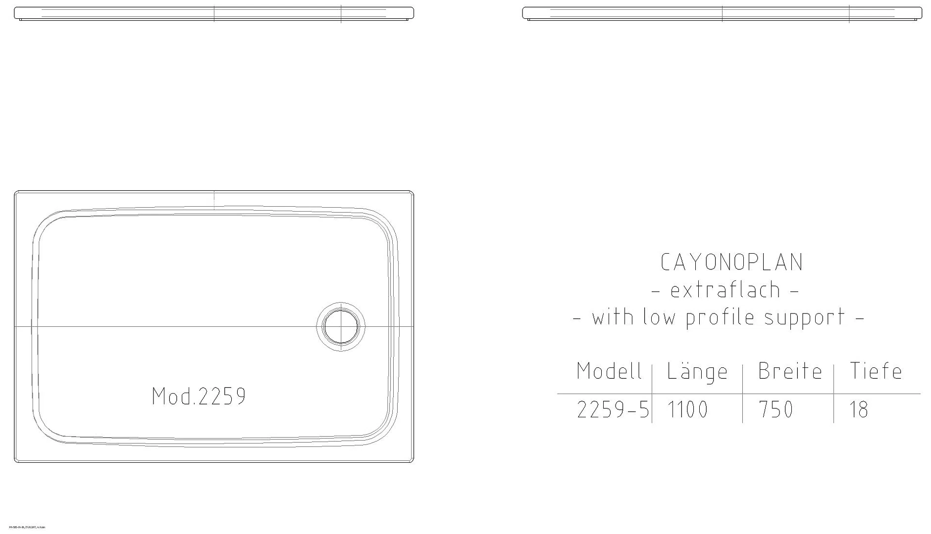 KALDEWEI CAYONOPLAN MIT WANNENTRÄGER EXTRAFLACH Duschfläche, 750x1100x32 mm, Modell-Nr: 2259-5