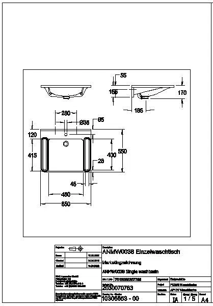Einzelwaschtisch, MEDCARE, MIRANIT, 650x150x550 mm, weiß/grau, Hl., Ül., Gr., ANMW0038