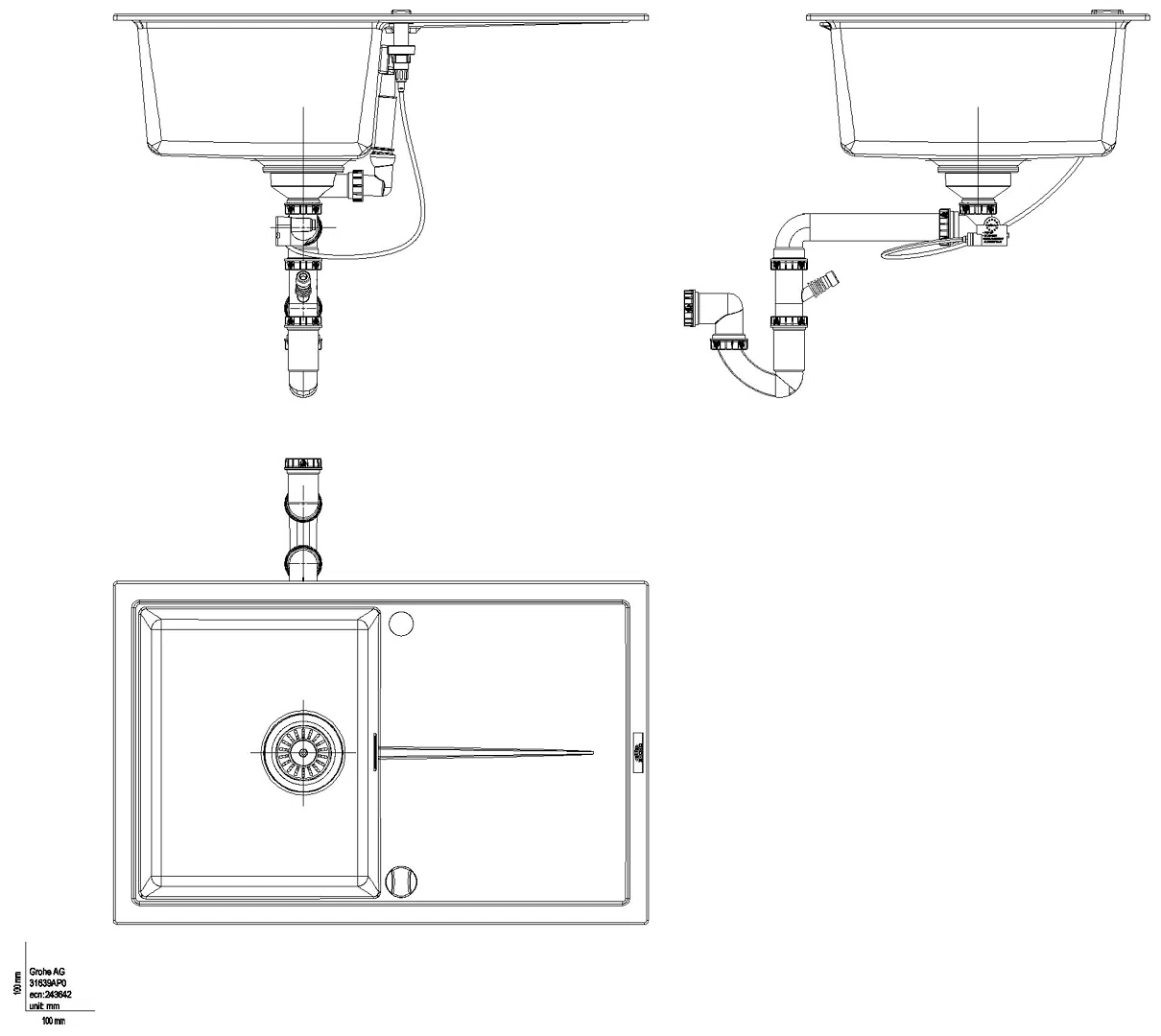 GROHE Kompositspüle K400 31639 1 Becken 780x500mm mit ATF re/li granit schwarz