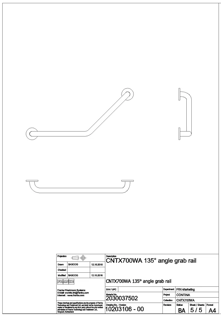 Winkelgriff, CONTINA, Edelstahl, Winkel 135 Grad, 696x334x82 mm, CNTX700WA