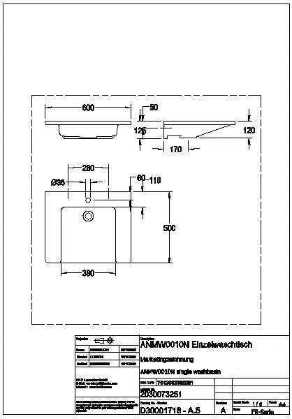 Einzelwaschtisch, EXOS, MIRANIT, 600x125x500 mm, weiß, Hahnloch, ANMW0010N