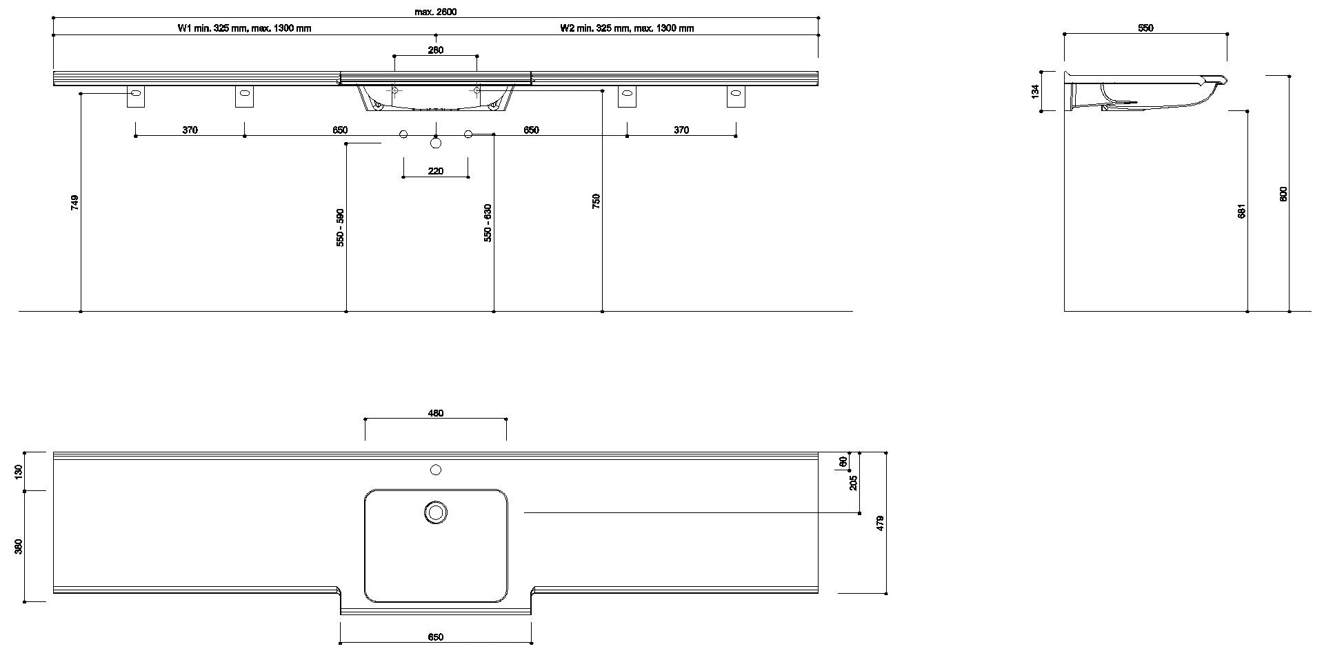 HEWI Waschtisch S-Form, modular ohne Überlauf, var. 850-2600mm, 1 HL