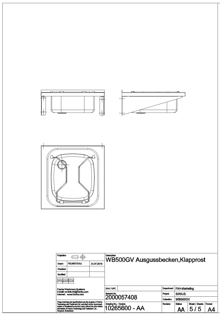 Ausgussbecken, SIRIUS, Edelstahl, 500x180x500 mm, Klapprost, WB500GV