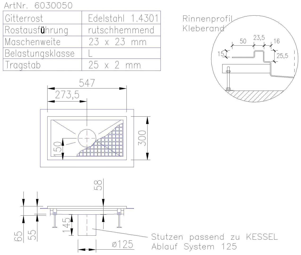 KESSEL-Kastenrinne Ferrofix Klebeflansch H: 15 mm, 300 x 550 mm
