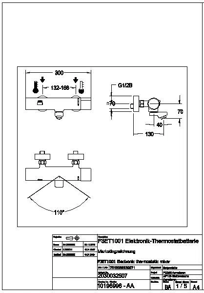 Wandbatterie, F3, elek., Thermostat, Schwenkauslauf, 130 mm, 6l, Batterie, F3ET1001