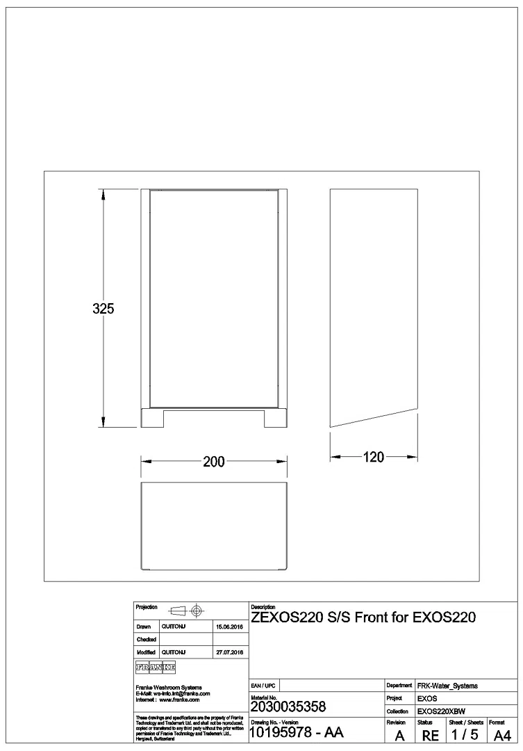 Frontabdeckung, EXOS, Edelstahl, für EXOS220, ZEXOS220