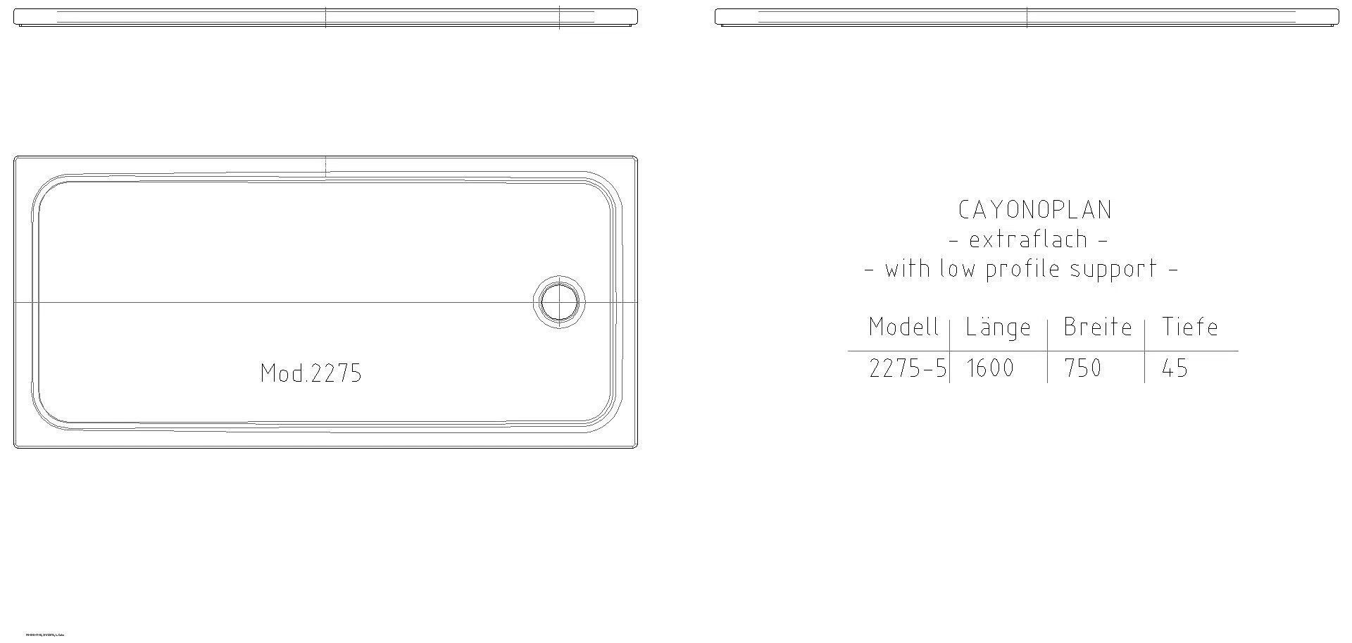 KALDEWEI CAYONOPLAN MIT WANNENTRÄGER EXTRAFLACH Duschfläche, 750x1600x40 mm, Modell-Nr: 2275-5