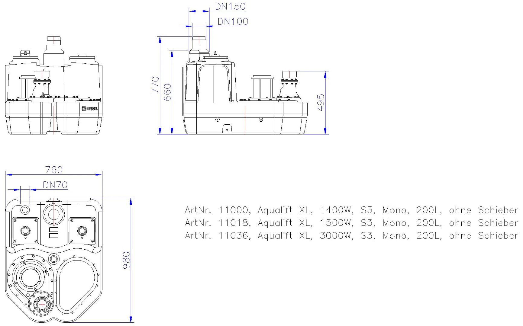 KESSEL-Hebeanlage Aqualift F XL 1500W-S3 Mono 200L o.S.