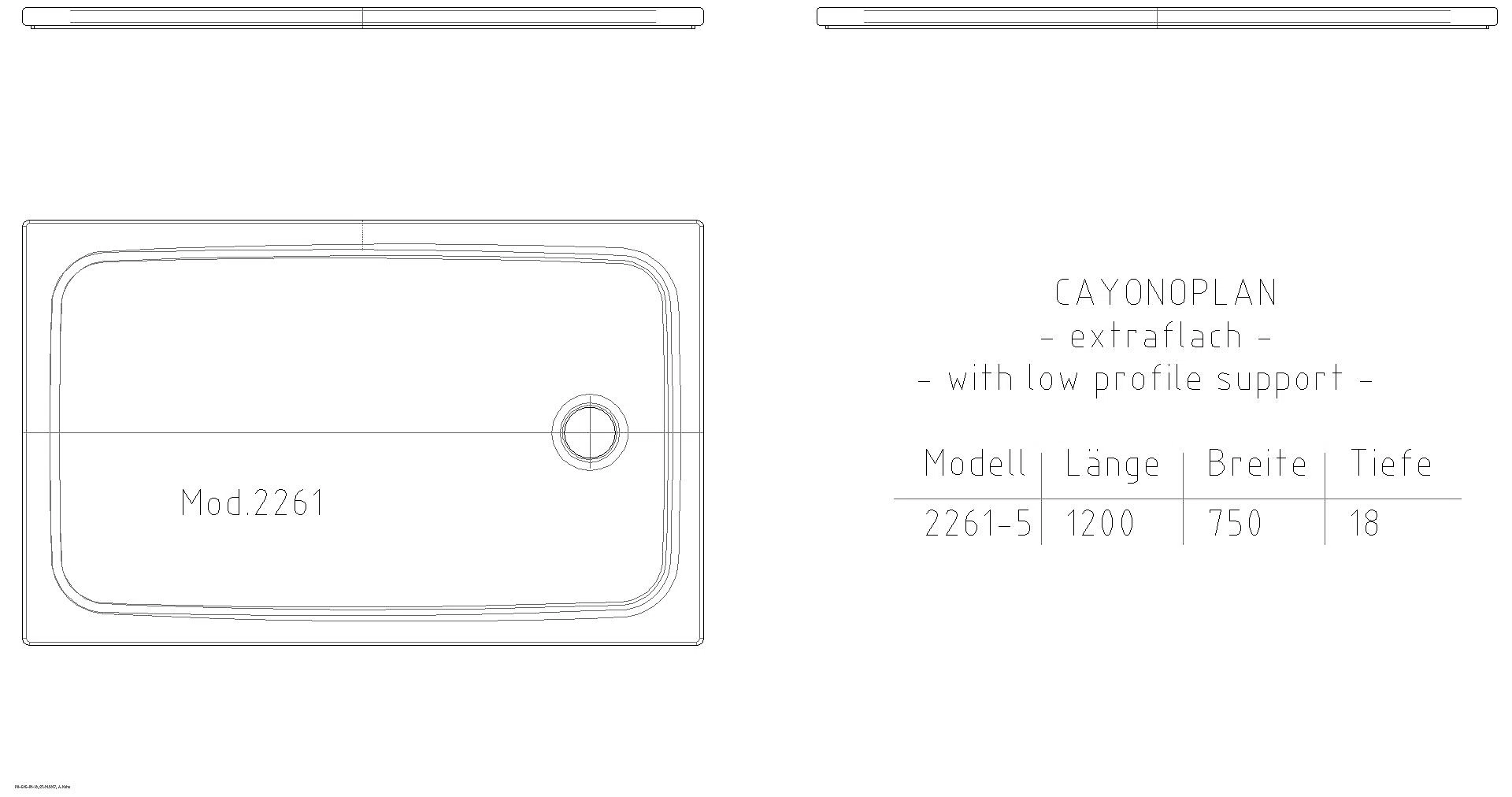 KALDEWEI CAYONOPLAN MIT WANNENTRÄGER EXTRAFLACH Duschfläche, 750x1200x32 mm, Modell-Nr: 2261-5