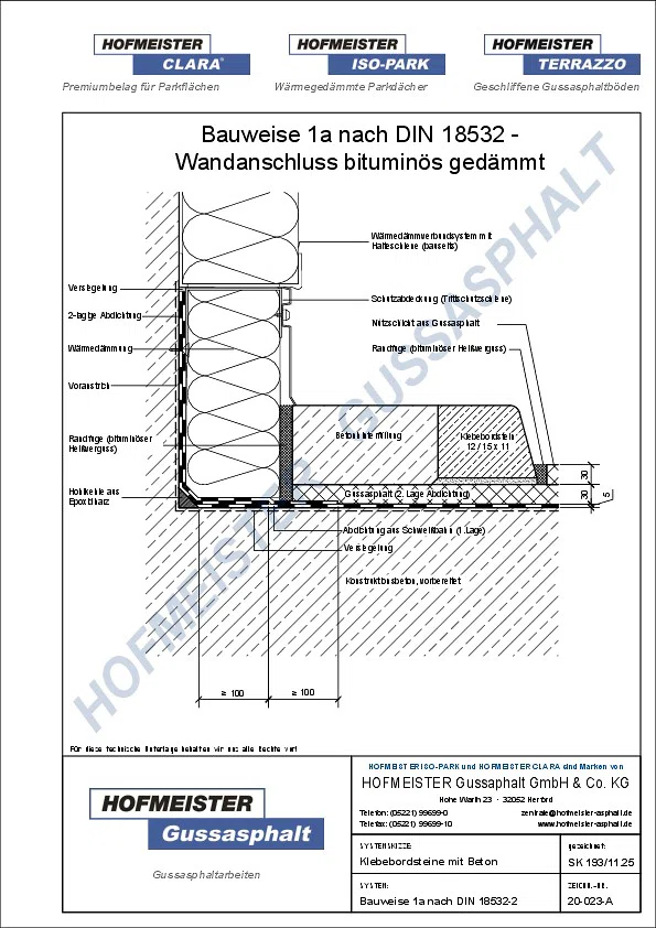 Gussasphalt Wandanschlussdetail - bituminös, Klebebordsteine mit Beton