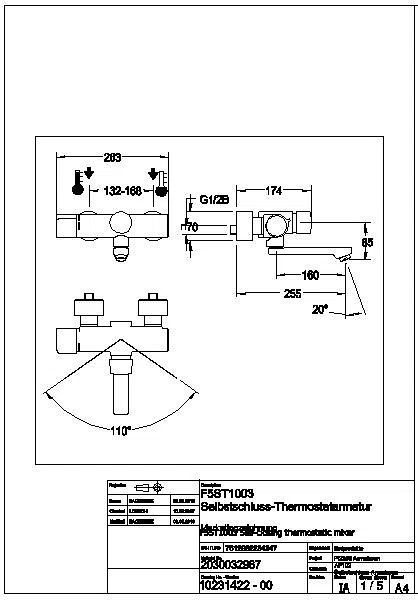 Wandbatterie, F5, hydr., Thermostat, Schwenkauslauf, 255 mm, F5ST1003