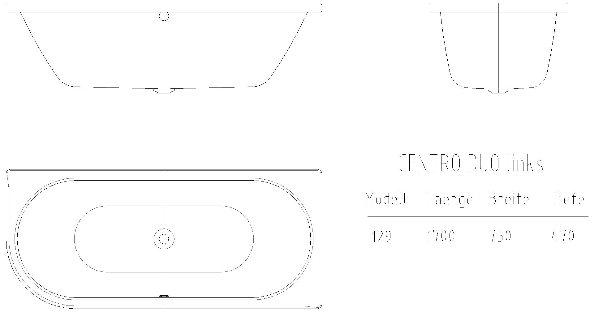 KALDEWEI CENTRO DUO 1 LINKS Badewanne, 1700x750 mm, Modell-Nr: 129
