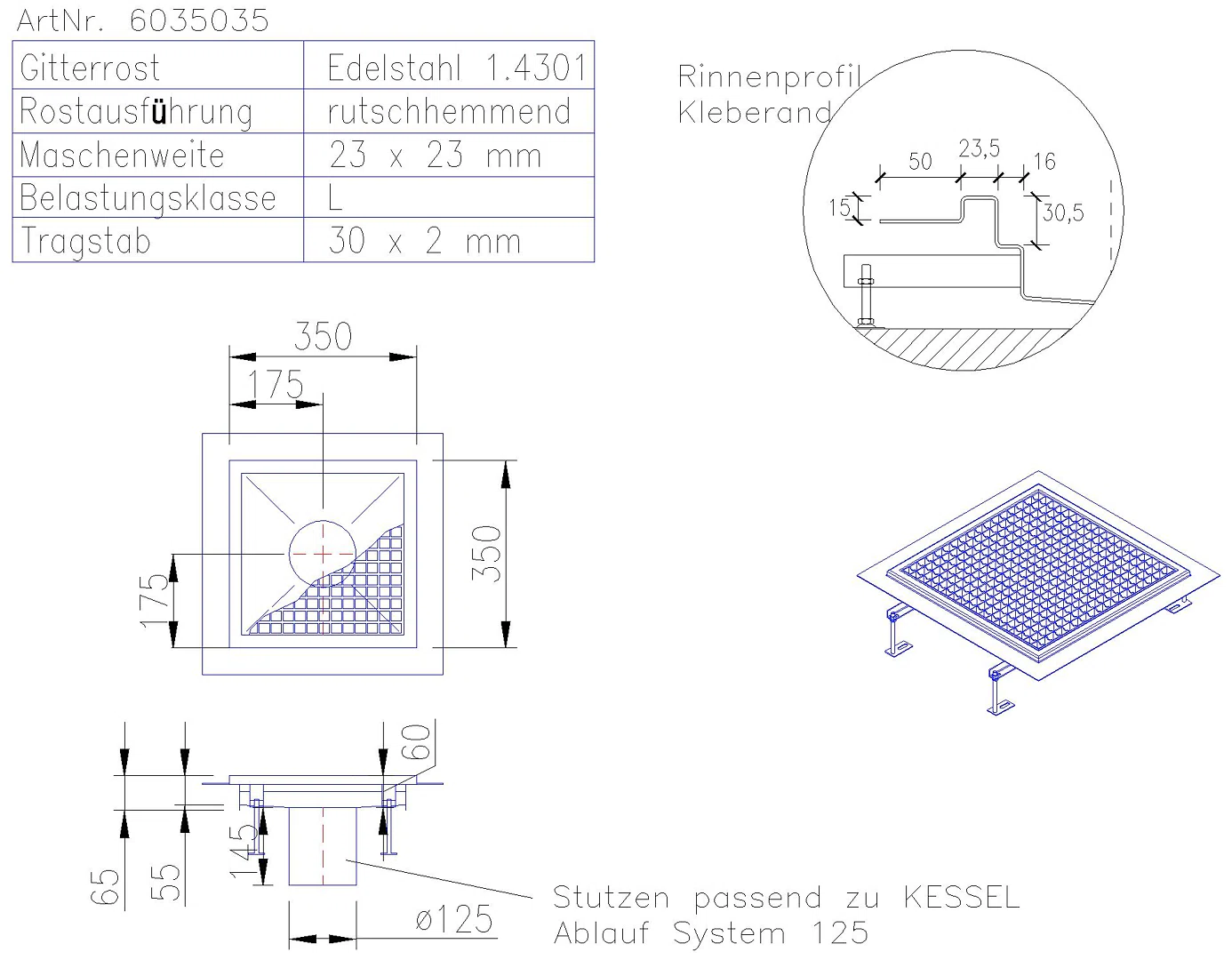 KESSEL-Bodenwanne Ferrofix Klebeflansch H: 15 mm, 350 x 350 mm