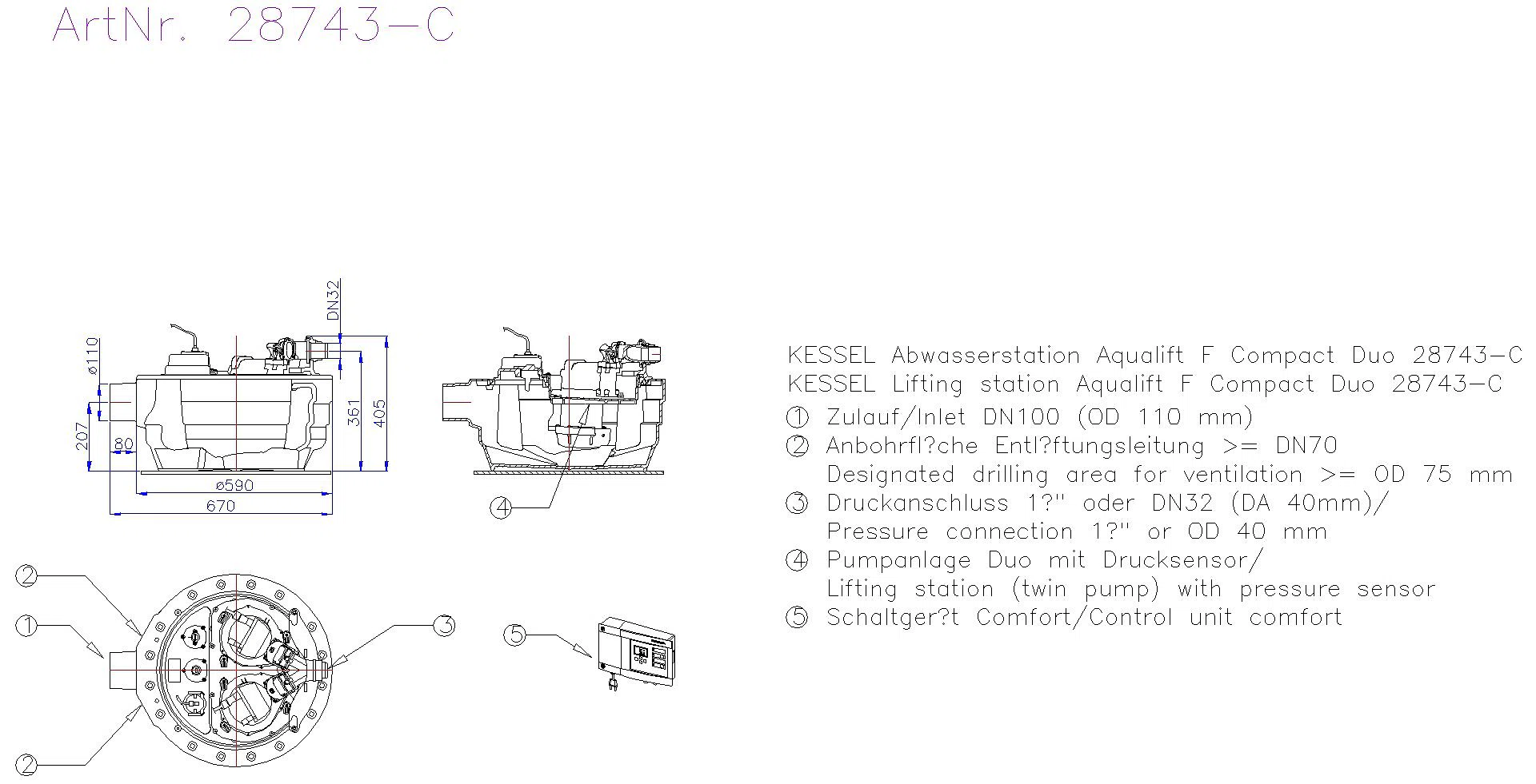 KESSEL-Hebeanlage Aqualift F Compact Duo, SPZ 1000, freie Aufstellung